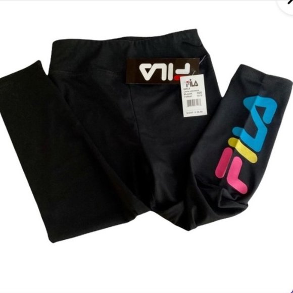 FILA Athletic Sports Leggings Black with Pink Yellow Blue Girls size 10 12 - Picture 2 of 7